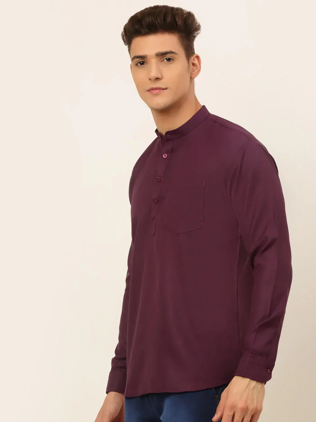 Jompers Men's Purple Solid Cotton Short Kurta - Wine