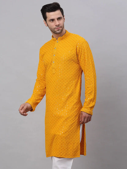 Jompers Men's Mustard Chikankari Embroidered and Sequence Kurta Only