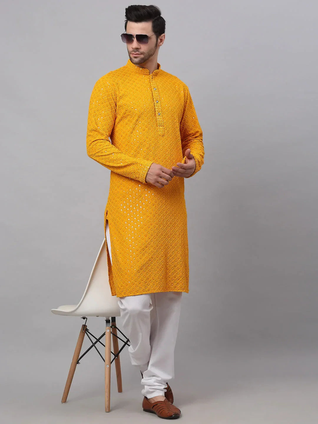 Jompers Men's Mustard Chikankari Embroidered and Sequence Kurta Only