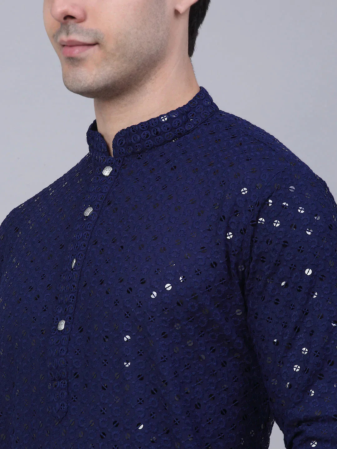 Jompers Men's Navy Blue Chikankari Embroidered and Sequence Kurta Only