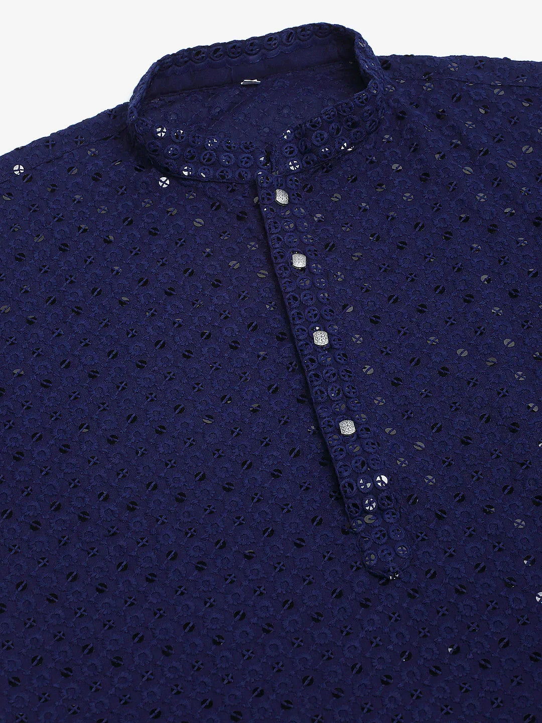 Jompers Men's Navy Blue Chikankari Embroidered and Sequence Kurta Only