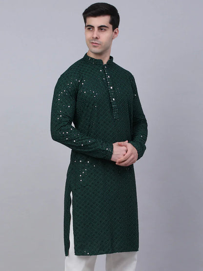 Jompers Men's Olive Green Chikankari Embroidered and Sequence Kurta Only
