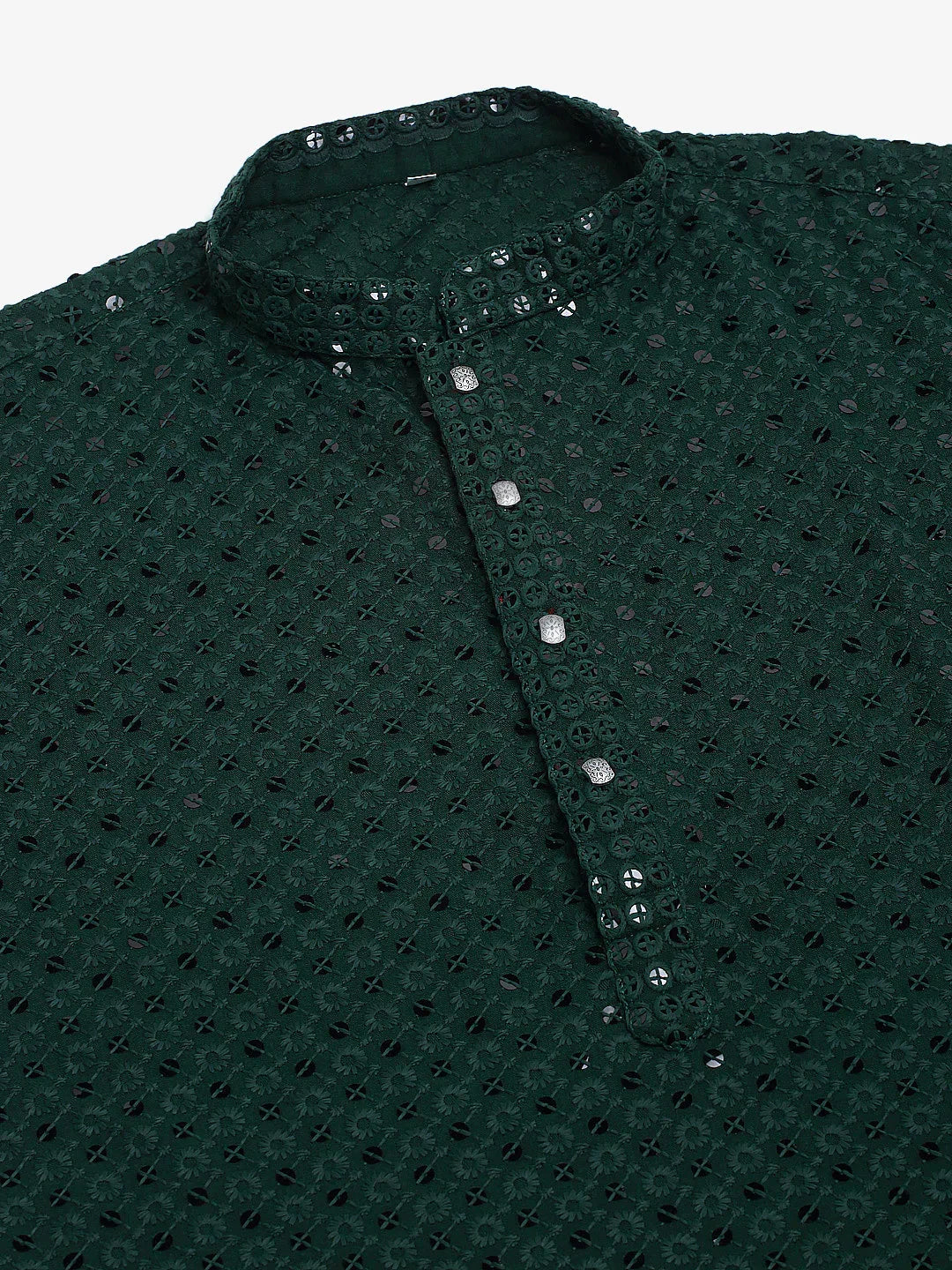 Jompers Men's Olive Green Chikankari Embroidered and Sequence Kurta Only