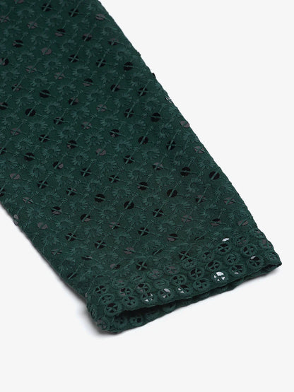 Jompers Men's Olive Green Chikankari Embroidered and Sequence Kurta Only