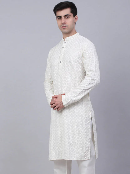 Jompers Men's White Chikankari Embroidered and Sequence Kurta Only