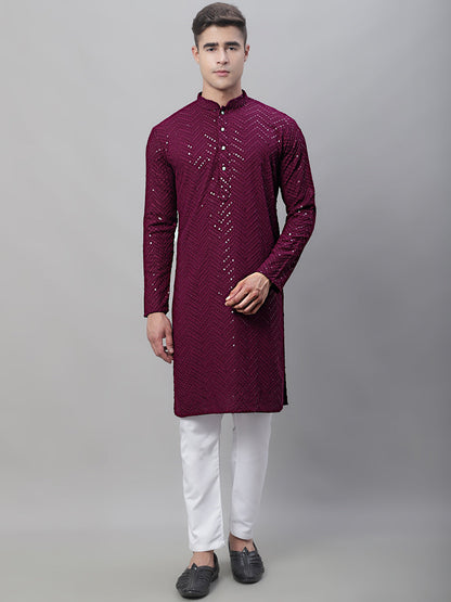 Jompers Men's Purple Embroidered Sequinned Kurta