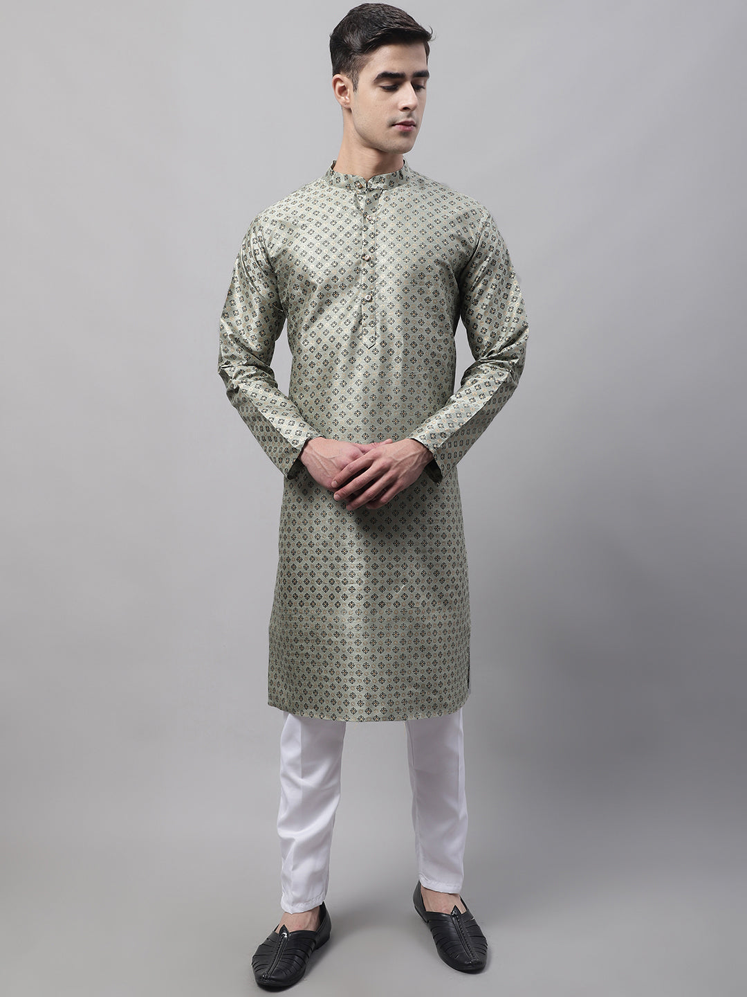 Jompers Men's Green Printed Silk Blend Kurta