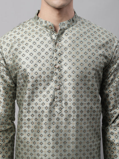 Jompers Men's Green Printed Silk Blend Kurta