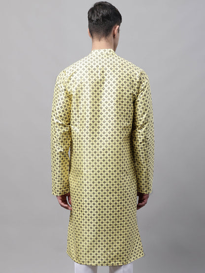 Jompers Men's Yellow Printed Silk Blend Kurta