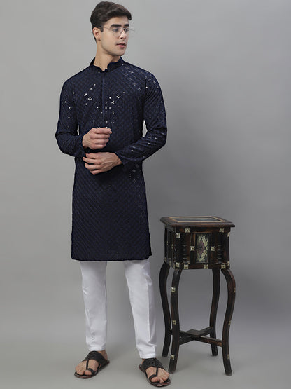 Jompers Men's Navy Blue Chikankari Embroidered and Sequence Kurta