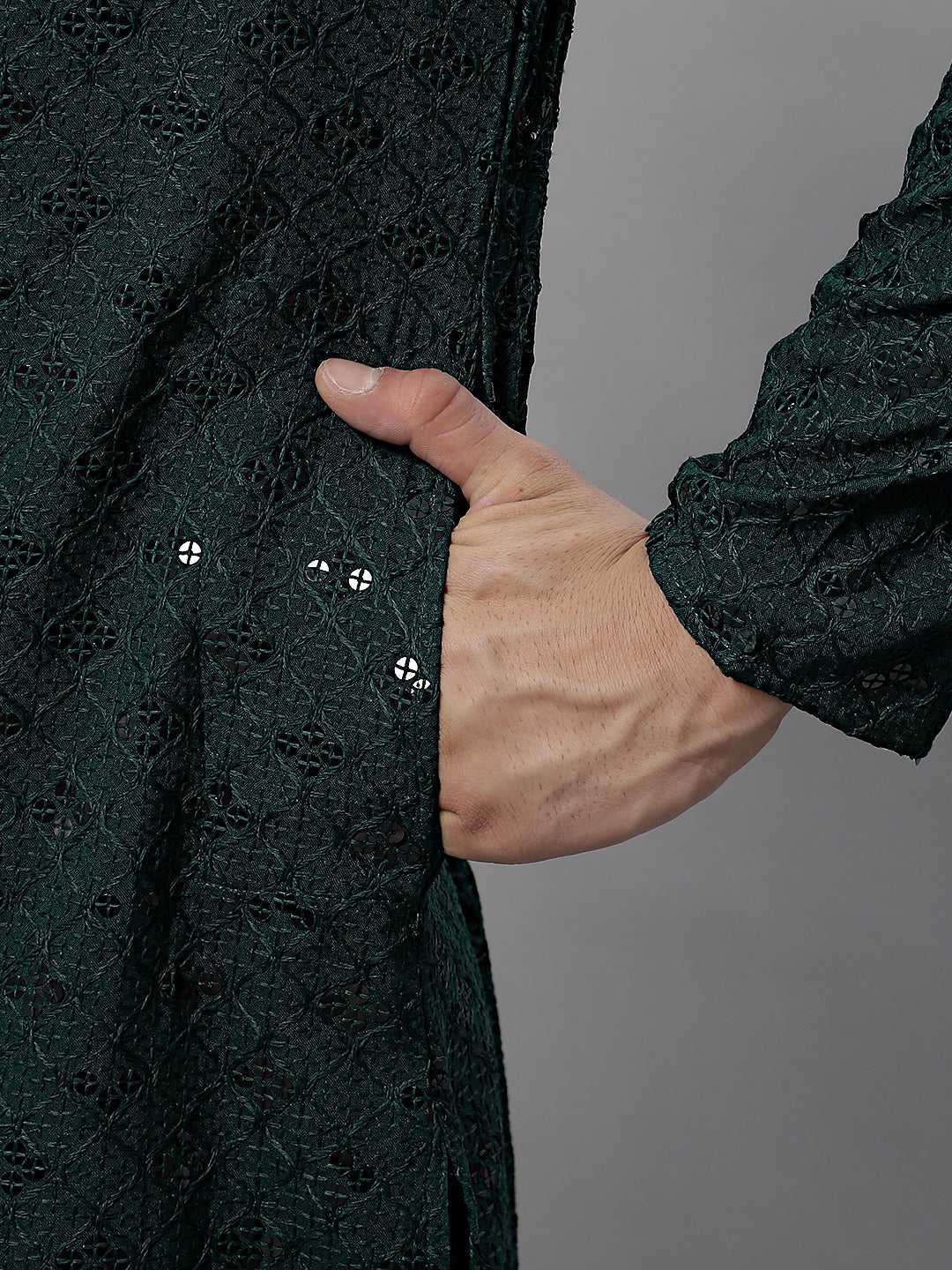 Jompers Men's Olive Green Chikankari Embroidered and Sequence Kurta