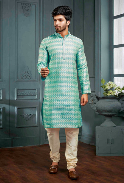 Joban Fashion Men's Sky Blue Poly Jacquard Kurta Pajama