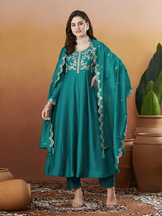The52 Rama Women's Beautiful Vichitra Silk Fabric Embroidered Work Flared Anarkali Pant and Dupatta Set