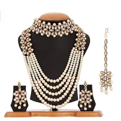 Mominos Fashion Rajwadi Gold-Polished Wirh Stone & Pearls Necklace Combo Set