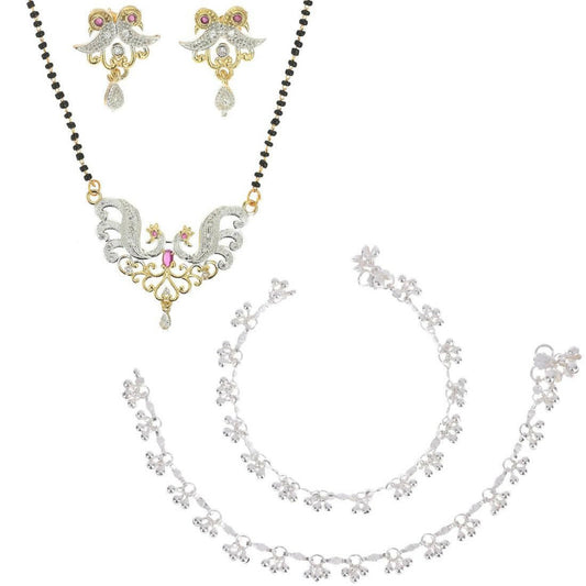 AanyaCentric Gold-Polished Mangalsutra Pendant Earring Set & Silver Plated Anklet