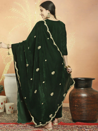 Jyoti Fashion Women's Green Velvet Cording with Resham Thread & Sequin Kurta with Trouser & Dupatta