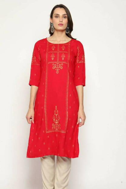 Maai Rayon Hand Printed Kurta Red