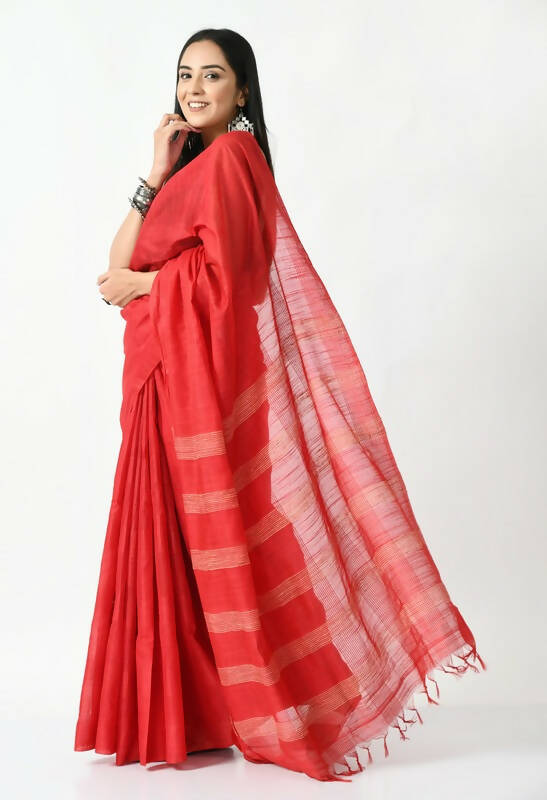Mominos Fashion Moeza Red Bhagalpuri Handloom 8 Line Ghichha Silk Saree with unstitched Blouse piece
