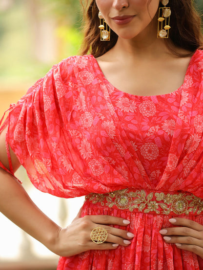 Janasya Pink Georgette Floral Gown