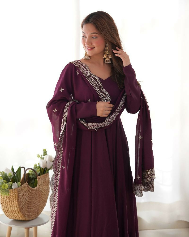 Joban Fashion Wine Kurta Set Chanderi Sequence Embroidery Work