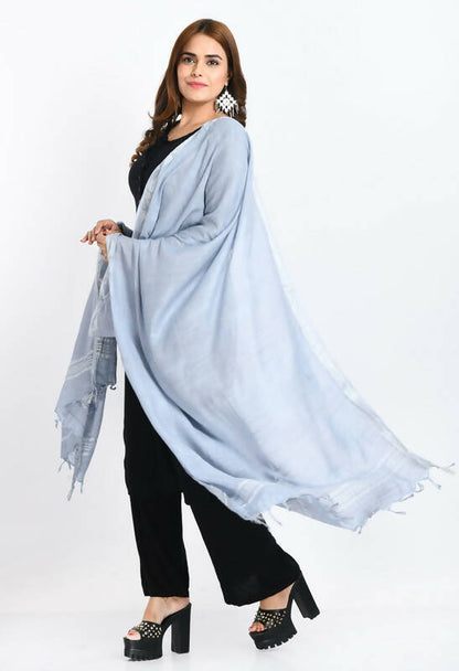 Mominos Fashion Moeza Women's Linen Cotton Silver Border Grey Dupatta