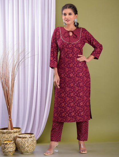 Vamika Foil Print Rayon Wine Red Party Wear/Casual Wear Kurta Set/Suit
