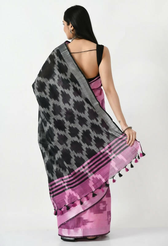 Mominos Fashion Moeza Pink & Black Bhagalpuri Handloom Ikat Pure Cotton Saree with unstitched Blouse piece