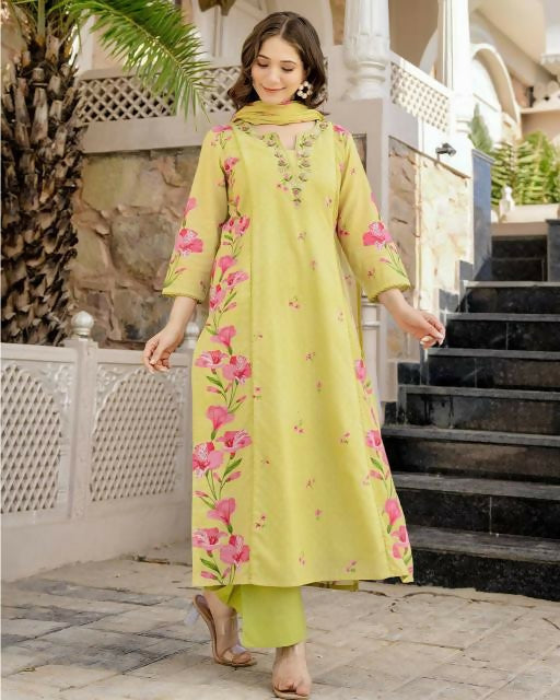 The52 Lemons Women's Beautiful Chanderi Fabric Printed Work Straight Kurta Pant and Dupatta Set