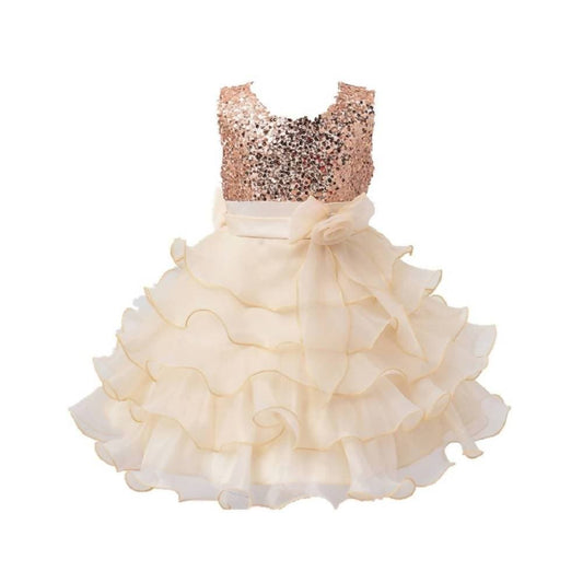 Asmaani Baby Girl's Gold Color Satin Knee Length Frock (AS-dress-22070)