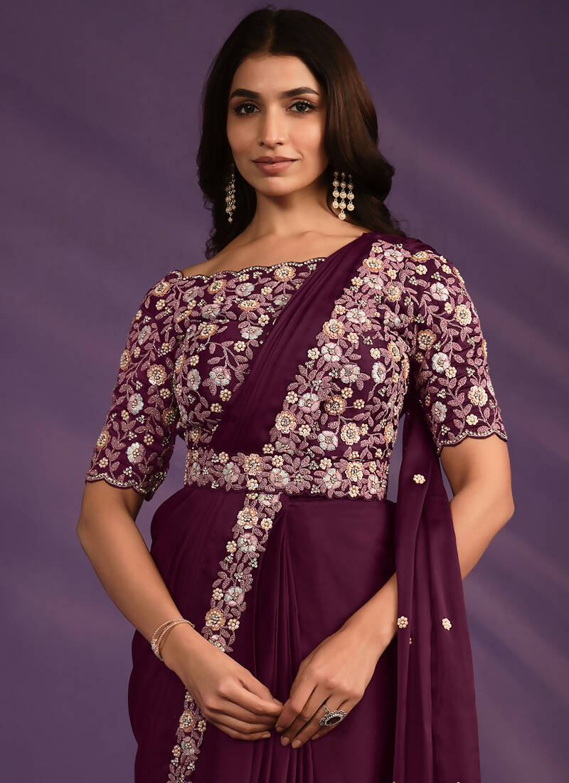 Wine Crepe Satin Silk Embroidered Saree With Stitched Blouse - Mohmanthan Exotica