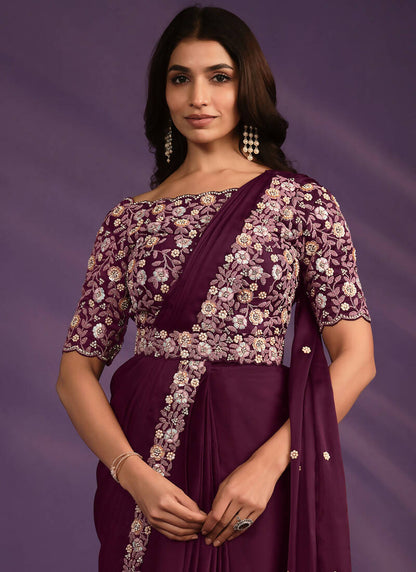 Wine Crepe Satin Silk Embroidered Saree With Stitched Blouse - Mohmanthan Exotica