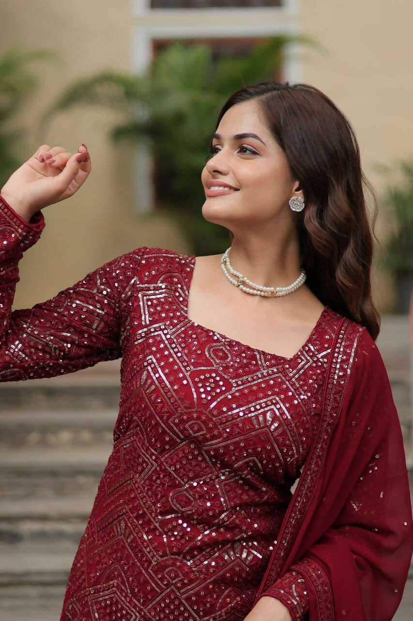Vastranavya Premium Designer Heavy Sequins & Thread Embroidered work Top Sharara & Dupatta - Maroon