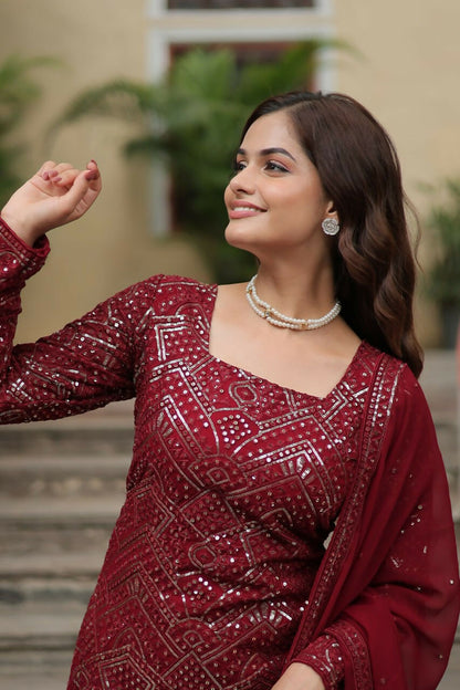 Vastranavya Premium Designer Heavy Sequins & Thread Embroidered work Top Sharara & Dupatta - Maroon