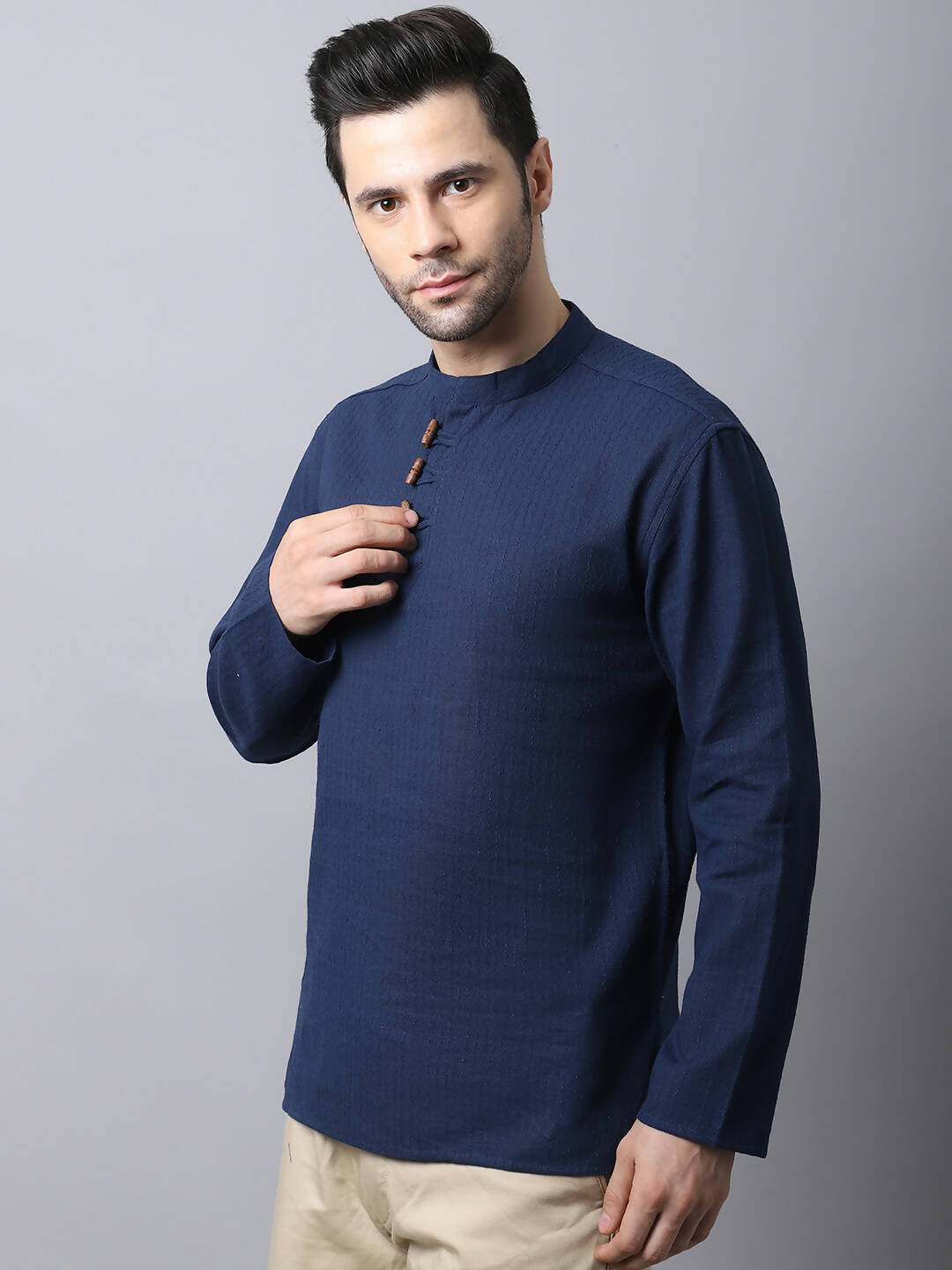 Even Apparels Navy Pure Cotton Men's Kurta With Band Collar
