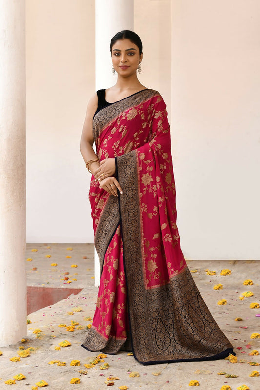 Joban Fashion Fuchsia Crepe Chiffon Pure Handloom Banarasi Silk Saree