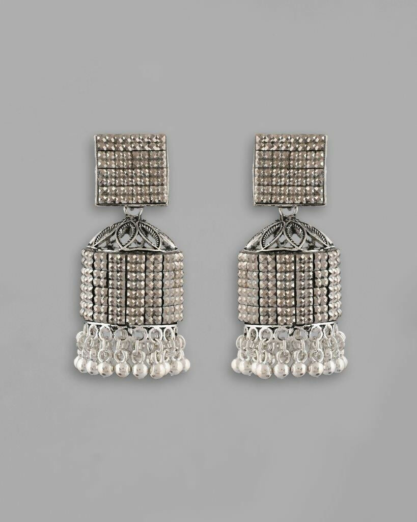VOJ Black-Toned AD Studded Square Dome Shaped Jhumka Earrings