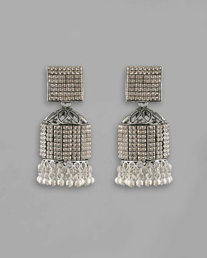 VOJ Black-Toned AD Studded Square Dome Shaped Jhumka Earrings