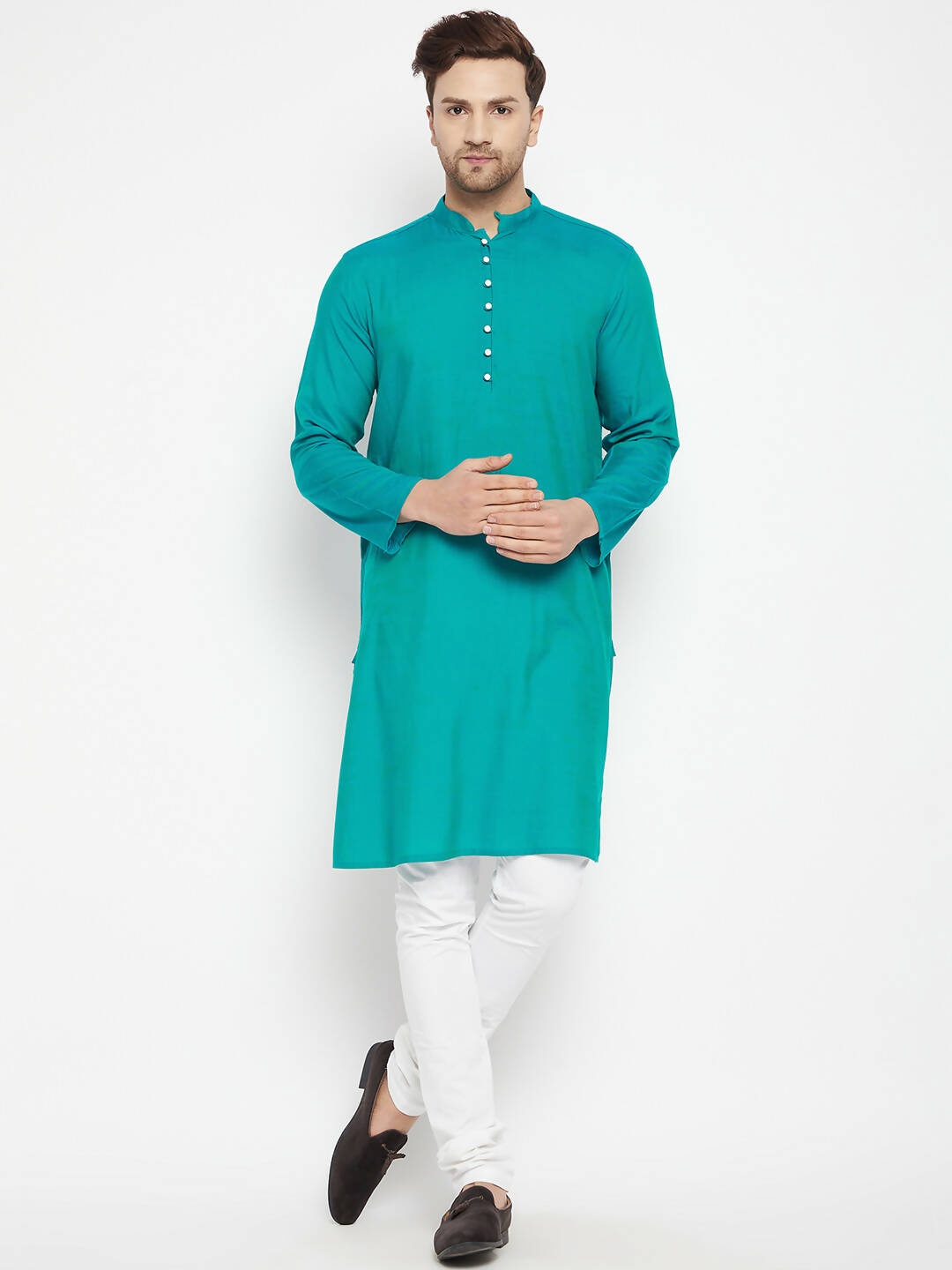 Even Apparels Green Viscose Long Men's Kurta With Band Collar