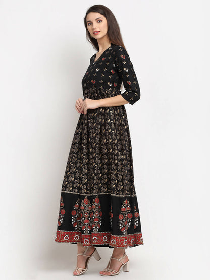 Rudra Bazaar Floral Printed A-Line Flared Black Kurti