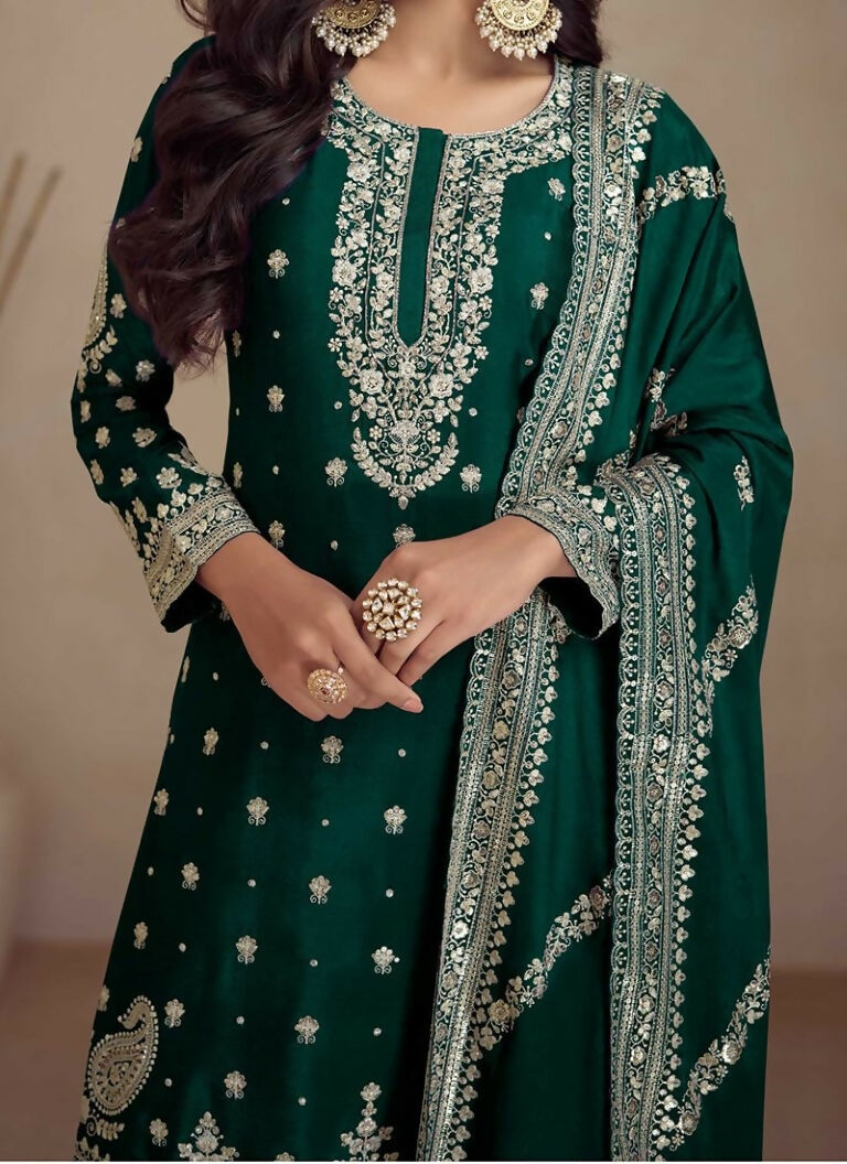 Vastranavya Glamorous Green Chinon Palazzo Suit With Intricate Sequins Embroidery Work with Dupatta