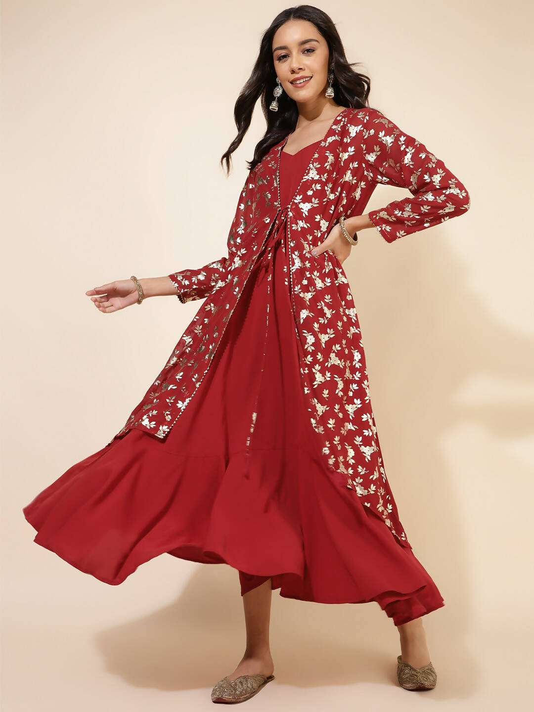 Janasya Women's Red Georgette Foil Printed Festive Flared Dress Set