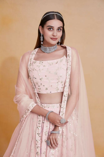 Peach Georgette Zari,Sequence Embroidery Work Lehenga Choli - Jihu Culture