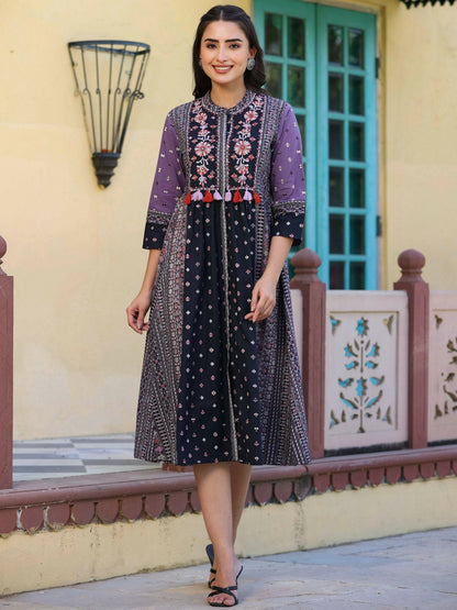 Juniper Women's Lavender Printed Embroidered Flared Dress
