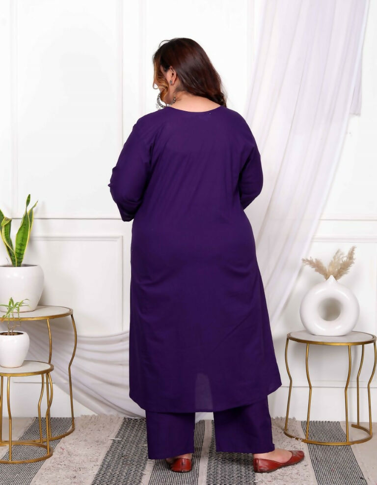 Miravan Women's Plus Size Purple Embroidered Sweetheart Neck & Accordion Pleated Solid A-Line Kurta And Palazzo Set
