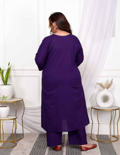 Miravan Women's Plus Size Purple Embroidered Sweetheart Neck & Accordion Pleated Solid A-Line Kurta And Palazzo Set