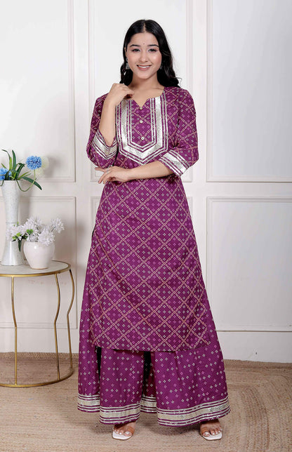 Miravan Women Cotton Magenta gota work Kurta with Flared Palazzo