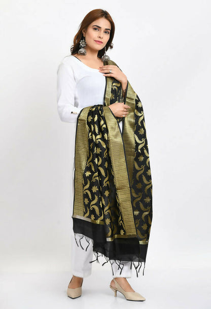 Mominos Fashion Moeza Women's Banarsi Silk Floral Woven Design Black Dupatta