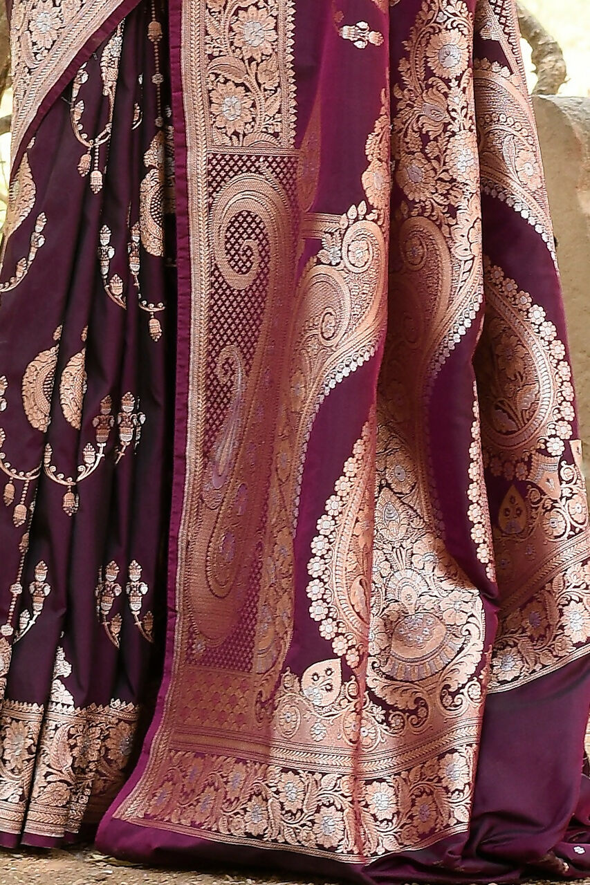 Joban Fashion Wine Banarasi Soft Pure Handloom Banarasi Silk Saree
