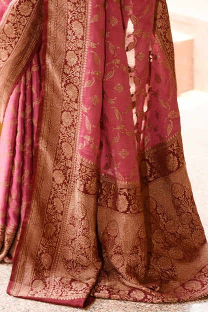 Joban Fashion Dark Pink Crepe Chiffon Pure Handloom Banarasi Silk Saree