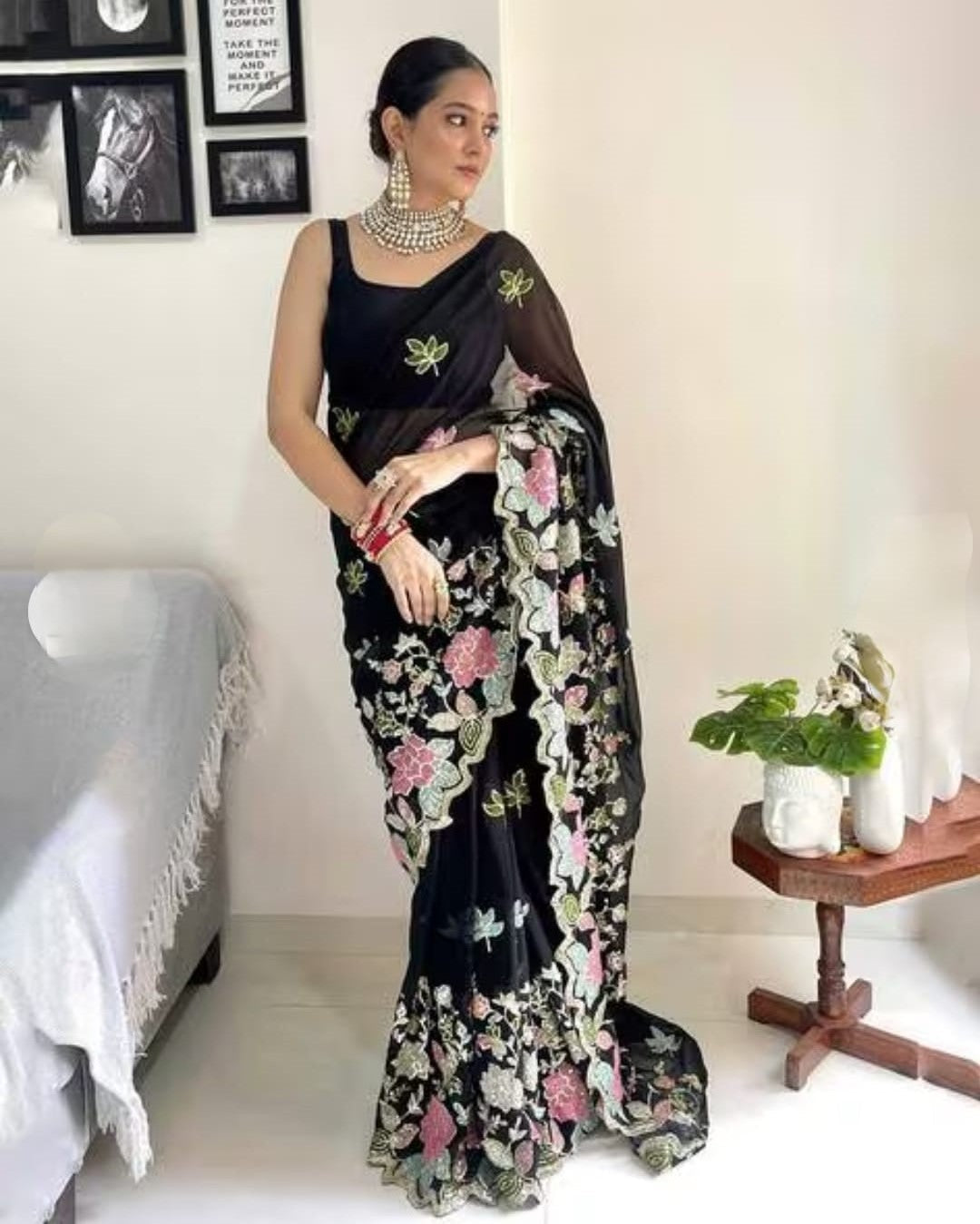 Vamika Embroidery Black Georgette Bollywood Saree